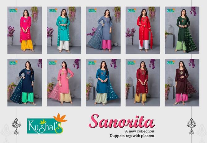 Kushal Sanorita Kurti With Plazzo And Dupatta Rayon Readymade Dress Collection